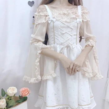 Kawaii Japanese Lolita dress minkštas sesuo nėrinių Lolita viršūnes simbolį, apykaklės Ji rankovės trimitas šifono rankovėmis marškinėliai moterims
