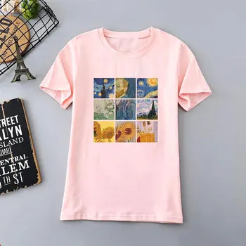Derliaus Juokinga Stiliaus Moterų Marškinėliai Van Gogho Meno Aliejaus Tapybai Rožinė Minkšta Tshirts T-shirt Moterims trumpomis Rankovėmis Grafinis Saulėgrąžų Tees
