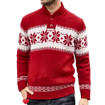 Atsistoti Apykaklės Du Mygtukai Ilgomis Rankovėmis Trikotažas Vyrams Ruduo Žiema Kalėdų Žakardo Modelis Sutirštės Šiltas Megztinis Megztinis