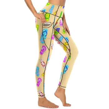 Atostogų Pop Art Antblauzdžiai Colorful Flip Flops Push Up Jogos Kelnės Derliaus Tampri, Joga Legging Kišenės Modelio Sporto Salė Sporto Kelnės