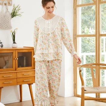 Pavasario Medvilnės ilgomis rankovėmis Pižama Princesė Nėrinių Gėlių Kelnės Sleepwear Apvalios Kaklo Pijamas Moterų Sodas 2 Gabalas Loungewear