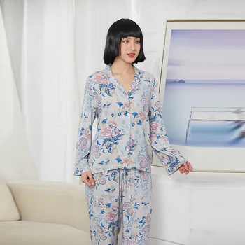Moterų Pavasario Pajama Nustatyti ilgomis rankovėmis Kelnės Pižama Patogus, Kvėpuojantis Sleepwear Viskozė Spausdinti Dviejų dalių Komplektas Ištaigingas dėvėti