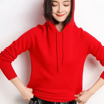 Naujas mados moterų top Rudens-žiemos naujas gobtuvu megztinis moterų megztinis korėjos ilgomis rankovėmis purus megzti T-shirt juoda balta raudona
