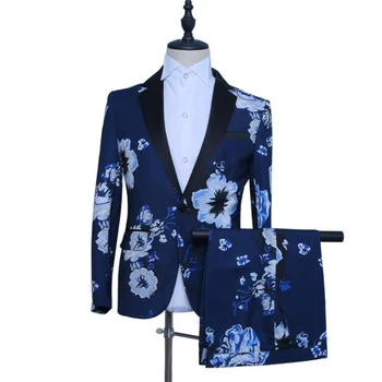 Mėlynos spalvos švarkas vyrams spausdinimo kostiumas rinkinys su kelnes terno de casamento mens vestuvių kostiumai kostiumų dainininkas etape drabužių oficialų suknelė