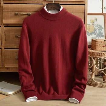 Vyriški pusė golfo 100% gryno kašmyro megztinis vientisos spalvos plonas megztinis rudenį ir žiemą megzti megztinis žiemą vidutinio amžiaus