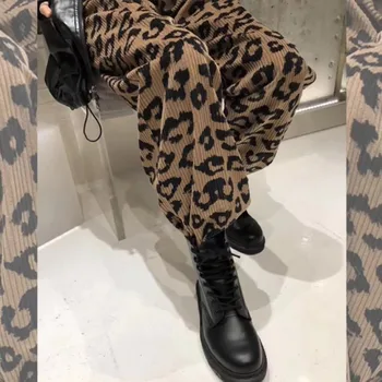 Didelio Dydžio moteriškos Kelnės Slysta Moterų Velvetas Atsitiktinis Kelnės Plius Kašmyras Leopardas Spausdinti Tiesiai Plataus kojų Kelnės