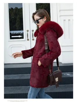 Naujas Nekilnojamojo originali natūralaus triušio kailio paltą su lapės kailio gaubtas moterų mados striukė outwear