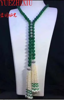 karšto parduoti gamtinių 8mm green jade karoliukai, micro apdaila cirkonis ilgai necklace25inch megztinis grandinės pearl kutas prabangūs papuošalai