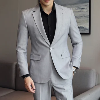 [Striukė + Kelnės] vyriški grynos medvilnės vientisos spalvos 2 dalių kostiumą, vyriški vestuvių verslo oficialų kostiumą, vyriški prabangūs slim suknelė