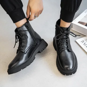 Korėjos stiliaus vyriškos laisvalaikio juodos platformos batai tendencija originalus odiniai batai pavasario rudens kulkšnies įkrovos kaubojus botas hombre zapatos