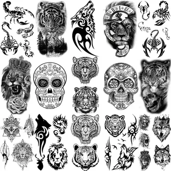 3D Realus Tigras, Liūtas Skeletas Laikinos Tatuiruotės Suaugusiems Vyrams, Vaikams Skorpionas Vilkas Erškėčių Netikrą Tatuiruotę, Kūno Meno Veidą, Rankas, Tatuiruotė