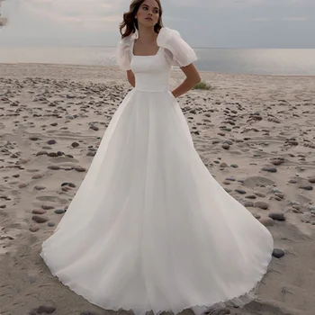 TIXLEAR Moterų Paplūdimio Vestuvių Suknelė iki 2022 m. Sluoksniuotos Rankovėmis Kvadratinių Kaklo-line Bridal Gown Boho Elegantiškas Vestido De Novia Vestuvių Suknelės