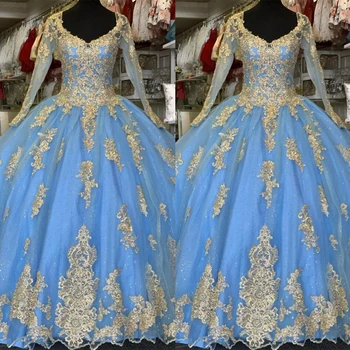 Šviesiai Mėlyna Aukso Quinceanera Suknelės Su Ilgomis Rankovėmis 2022 Brangioji, Aplikacijos, Nėrinių Kamuolys Suknelė Saldus 16 Mergaičių 15 Mergaitė Baigimo