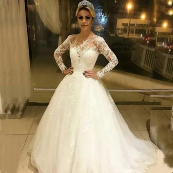 Kuklus A-line Wedding Dresses su Iliuzija ilgomis Rankovėmis Nėrinių Appliques Tiulio Vestuvinės Suknelės arabų Vien Brangakmenis Kaklo Valymo Traukinio