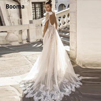 Booma Spagečiai Dirželiai Rankovių Bohemijos Nėrinių Vestuvių Suknelės Boho Nuotakos Suknelė Paplūdimio Princesė Vestuvių Suknelė su ilgomis Traukinys