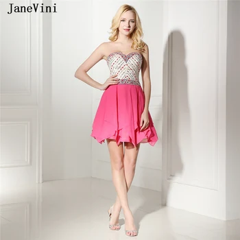 JaneVini Elegantiškas Šifono Trumpas Prom Dress Sparkle Linijos, Brangioji Zawalcowany Kristalų Fuksija Saldus 16 Mini Homecoming Suknelės 2019