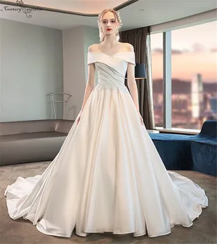 Elegantiškas Satino Vestuvių Suknelės 2020 Off Peties Nėrinių Klostes-Line Paprasta Vestuvinės Suknelės Nuotakos Suknelė Vestido De Noiva Pigiai