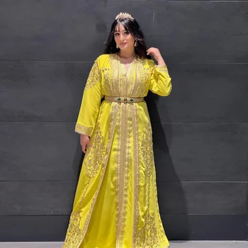 Geltona Maroko Kaftan Dubajus Kristalai, Vakaro Suknelės Nėriniai Aplikacijos Saudo Arabų Musulmonų Ypatinga Proga Promenadzie Suknelė Plius Dydis