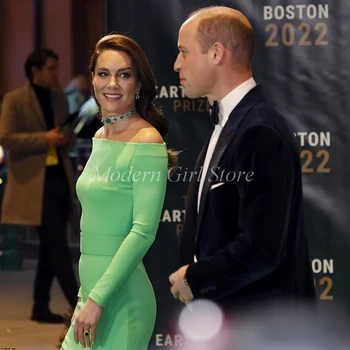 Kate Middleton Ilgomis Rankovėmis Prom Dresses Valtis Kaklo Green Satino Grindų Ilgis Saudo Arabijos Moterys Vakare Šalis Suknelė