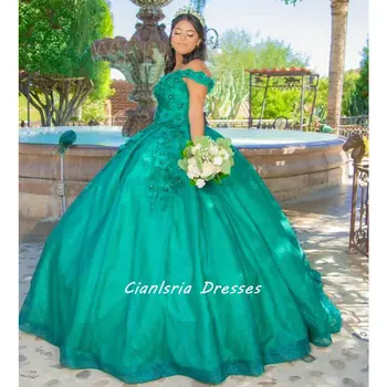 Žalia Perlų nuo Peties Kamuolys Suknelė Quinceanera Suknelės 3D Gėlės Appliques Nėrinių Korsetas, Vestidos De XV Anos
