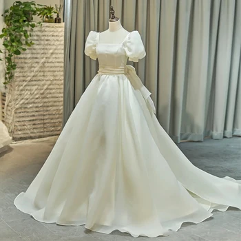 Korėjos Stiliaus Vestuvinė Suknelė Kvadratas Kaklo-Line, Uždusęs Rankovėmis Organza Backless Su Laivapriekio Nėrinių Nuotakos Suknelės, Vestidos De Novia