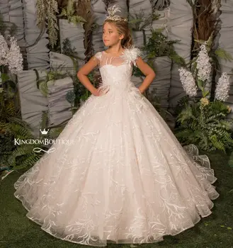 Plunksnų Nėrinių Gėlių Mergaitės Suknelė ypatinga Proga-Bridesmaid Šalis Vestuvių Inscenizacija Photoshoot Kalėdų