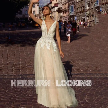 HERBURNL Tiulio V-kaklo Backless Užsakymą Princesė-line Vestuvių Suknelės Moterims 2022 Nėrinių Apliques Vestido Chalatas De Mariée