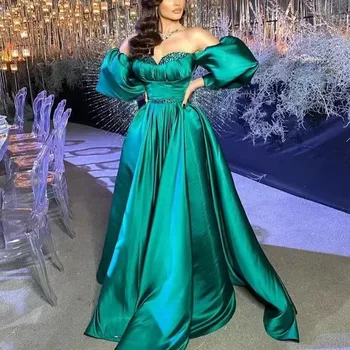 2022 Elegantiškas Green Satino Prom Dresses, Uždusęs Rankovėmis Brangioji Kristalai Zawalcowany Ilgai Kamuolys Suknelė Arabų Vakare Gown