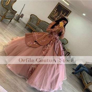 Dusty Pink Princess Quinceanera Suknelės Išaugo Aukso Blizgučiai Off Peties Ilgomis Rankovėmis Inscenizacija Šalis Suknelė Vestidos De 15 Años