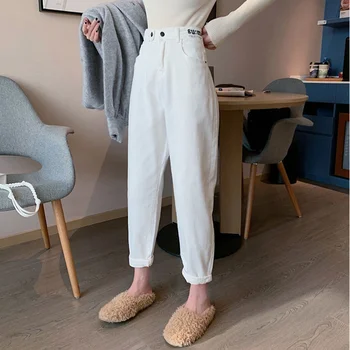 Aukštos juosmens atsitiktinis baltos spalvos džinsinio audinio kelnės naujos 2021 mados korėjos gatvės stiliaus kulkšnies ilgio haremo kelnės moteris