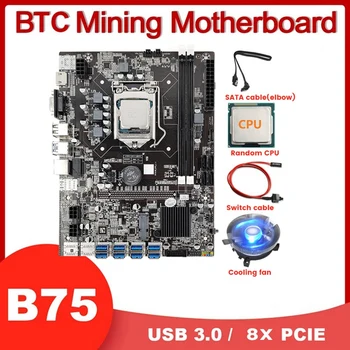 8 Kortelės GPU B75 USB BTC Miner Plokštė+CPU+CPU Ventiliatorius+SATA Kabelis+Switch Kabelis 8X PCIE Su USB3.0 LGA1155 DDR3 Lizdas MSATA