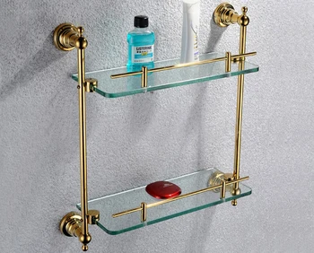 vario aukso spalvos dvigubo sluoksnio stiklo lentynos, lentynos, vonios kambario lentynėlės vonios lentyna GB012d-1
