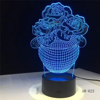 Romantiška 3D LED Rožių Gėlių 7 Spalvų Keitimas Iliuzija RGBW Nuotaika DEC Namų Bazės Lentelė Naktį Šviesos, Vaikams, Draugei Dovana AW-623