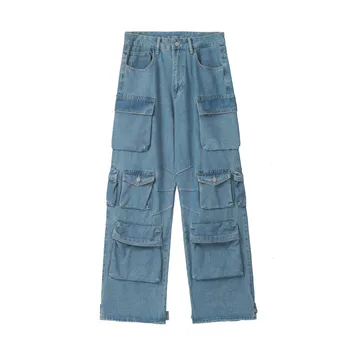 Retro Solid Color Multi-kišenėje Džinsai, vyriški Laisvalaikio Aukštosios Gatvės Mados prekinio Ženklo Y2K Prarasti Tiesios Kelnės Vyrams Krovinių Baggy Jeans