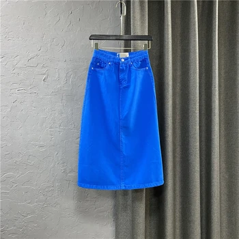 2021 naujas korėjiečių moterų aukšto juosmens vidutinio ilgio tamsiai mėlyna tiesus sijonas su sėdmenų, užsienio stiliaus džinsinis sijonas, vasaros suknelė
