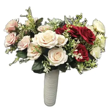 Vieną Šilko Rožių Puokštė Gėlių Dirbtiniais 7 Vadovai Rose su Plastiko Vaisių Kekės, Vestuvių Namų Dirbtinis Dekoratyvinės Gėlės