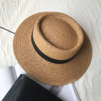 Rankų Darbo Šiaudų Paplūdimio Skrybėlę Moterims Vasaros Atostogų Panama Kepurė Mados Įgaubtas Flat Top Apsauga Nuo Saulės, Kepurės Snapeliu Skėtį Nuo Saulės Kepurė