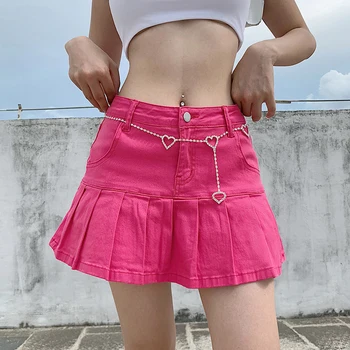 Y2k Rožinės Spalvos Klostuotas Džinsinio Sijonai Mini Sijonas Moterims 2021 M. Vasarą Harajuku Raukiniai Kietas Aukšto Juosmens Kawaii Korėjos Mados Streetwear