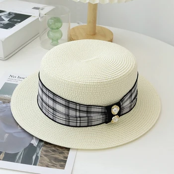 Prekės Ponios plokščių kraštų bowknot šiaudų skrybėlę mergina saulės kepurės Snapeliu bžūp Paprasta vasaros pearl mados paplūdimio skrybėlę Moterų atsitiktinis panamos skrybėlė